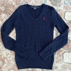 Ralph Lauren Sport Womens Size M Navy Cable Knit Sweater Red Pony Long Sleeve